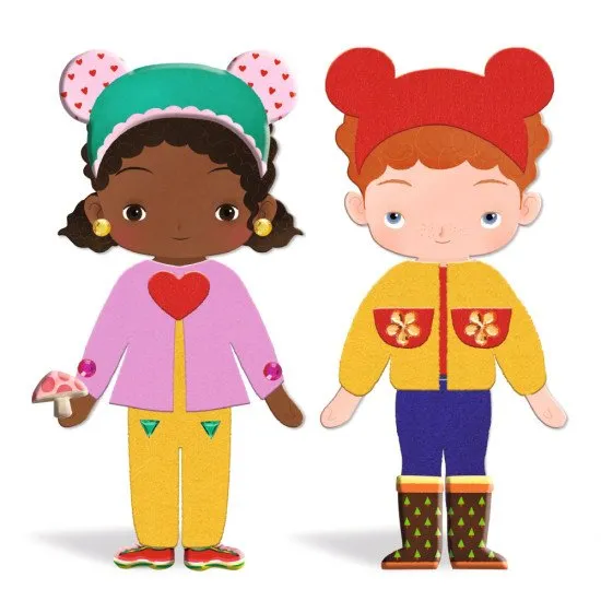 DJECO Kreativset für Kinder mit 12 Figuren und selbstklebendem Anziehfilz, aus ökologischem FSC®-Papier.