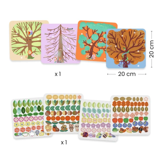 Kinder-Kreativspiel „Jahreszeiten“ mit Filzstickern und vier illustrierten Szenen.