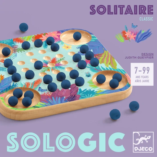 SOLOGIC Solitaire – ein Holzpuzzle mit einer richtigen Kugel auf der Spielfläche, mit zarten Pflanzenillustrationen.