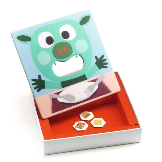 Illustration des kooperativen Memory-Spiels „Bob’s Lunch“ mit Spielbrett und Objektplättchen.