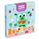 Illustration des kooperativen Memory-Spiels Bob's Lunch mit Spielbrett und Spielfiguren.