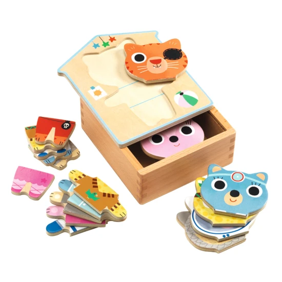 Setzen Sie eine niedliche kleine Katze zusammen. Die Holzpuzzleteile werden in einer Holzbox in Form eines Hauses aufbewahrt.