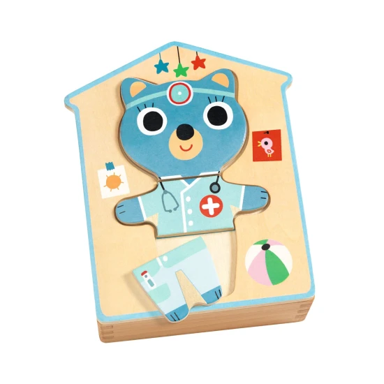 Setzen Sie eine niedliche kleine Katze zusammen. Die Holzpuzzleteile werden in einer Holzbox in Form eines Hauses aufbewahrt.