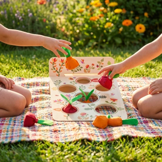 Djeco Gartenparty Geschicklichkeitsspiel – Spielbrett mit Löchern und Beuteln