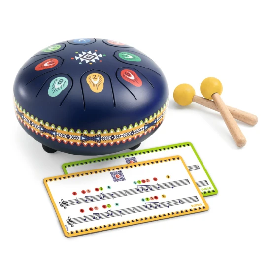 Animambo Djeco Metalltrommel mit indianischen Illustrationen, 8 Tönen und Holzstäben für Kinder ab 5 Jahren.