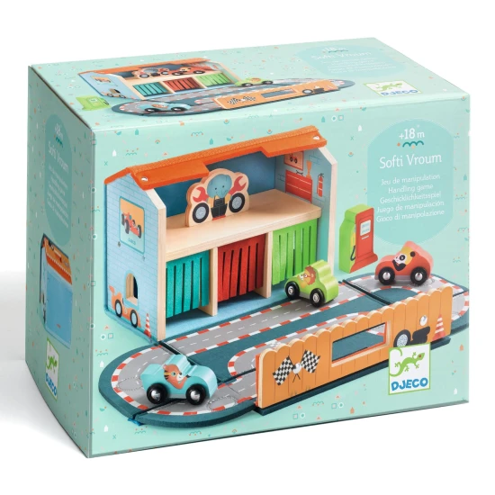 Djeco Tragbare Garage und Rennbahn Softi Vroom