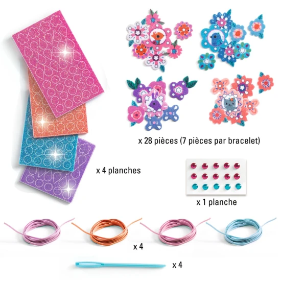 DIY-Armbänder für Kinder Djeco – ein Kreativset mit Filzarmbändern, Schaumstoffaufklebern und Strasssteinen