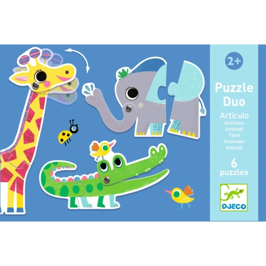 Buntes Lernpuzzle für Kleinkinder mit beweglichen Tierteilen – Affe, Löwe und Pfau.