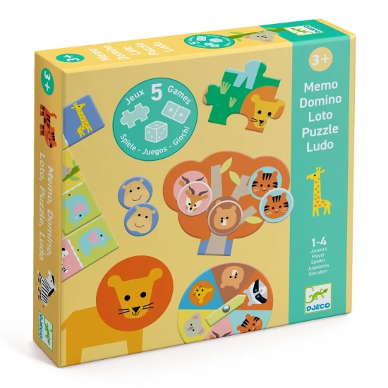 Tiere aus der Savanne Spiel 5in1 DJECO – Kinderspiel mit Domino, Memo, Puzzle, Lotto und Ludo