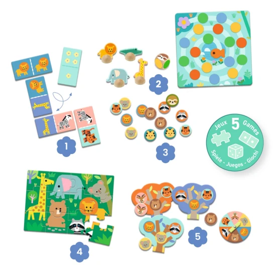 Tiere aus der Savanne Spiel 5in1 DJECO – Kinderspiel mit Domino, Memo, Puzzle, Lotto und Ludo