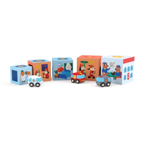 Baustein- und Autoset für Kleinkinder – Garagen und Gebäude aus Kunstillustrationen mit weichen Autos.
