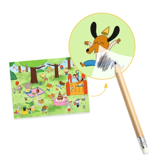 Basteln mit Djeco Party Time-Aufklebern – eine lustige Kreativaktivität für Kinder mit über 100 Bildern zum Übertragen.