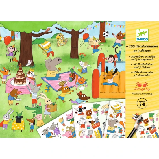 Basteln mit Djeco Party Time-Aufklebern – eine lustige Kreativaktivität für Kinder mit über 100 Bildern zum Übertragen.