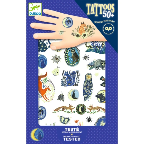 Tattoos Nachtreflexionen, leuchtendes Tattoo für Kinder, süße Tiere, temporäres Tattoo mit phosphoreszierenden Effekten, im Dunkeln leuchtendes Tattoo.