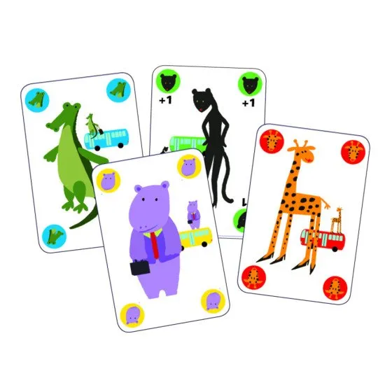 Ein Gorilla-Spiel, bei dem die Spieler Karten loswerden, indem sie Tiere oder Busfarben richtig zuordnen und dabei dem Gorilla ausweichen.