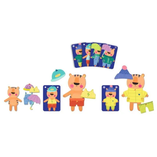 Ein Rapido Meteo-Spiel, bei dem die Spieler darum wetteifern, als Erste ihren Tiger zu verkleiden, je nachdem, wie gut sie sich die Anweisungen ihres Teamkollegen gemerkt haben.