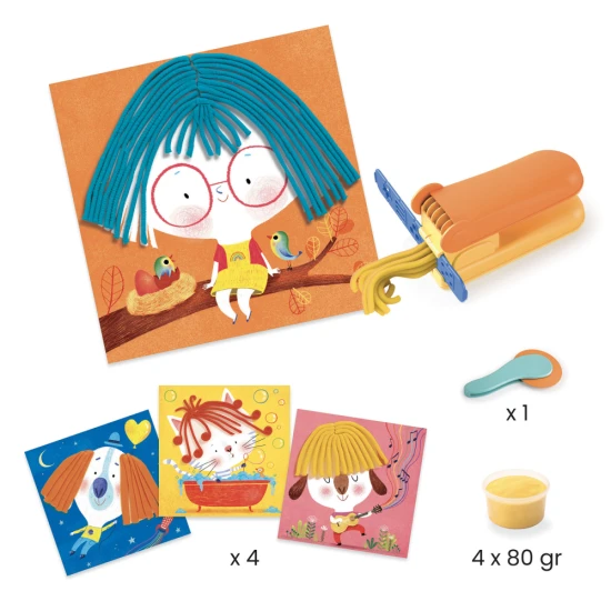 Sie formen Haar- und Fellsträhnen aus Plastilin, platzieren diese an den markierten Stellen in den Bildern und richten sie mithilfe eines Plastilin-Schneiderads aus.