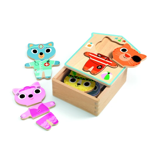 Setze ein süßes Kätzchen zusammen. Die Teile des Holzpuzzles werden in einer Holzbox in Form eines Hauses aufbewahrt.