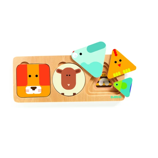 Das 3-Lagen-Minipuzzle aus Holz besteht aus einer Einlegematte und 9 Teilen.