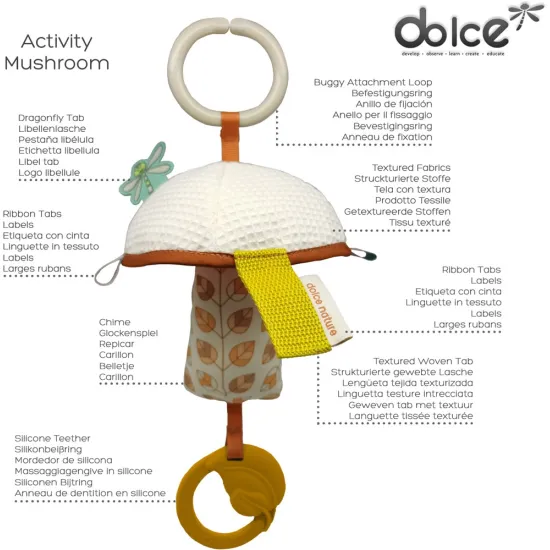 Hängendes sensorisches Spielzeug mit Beißring Pilz zur Entwicklung der Sinne Dolce