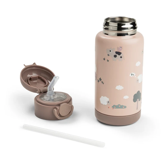 Done by Deer Isolierflasche mit Strohhalm Tiny farm rosa 340 ml