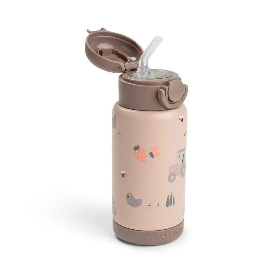 Done by Deer Isolierflasche mit Strohhalm Tiny farm rosa 340 ml