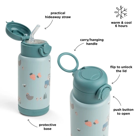 Done by Deer Isolierflasche mit Strohhalm Tiny farm blau 340 ml