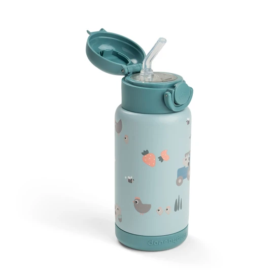 Done by Deer Isolierflasche mit Strohhalm Tiny farm blau 340 ml