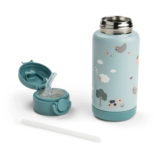 Done by Deer Isolierflasche mit Strohhalm Tiny farm blau 340 ml