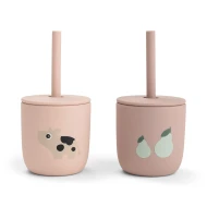 Silikon-Trinkbecher mit Strohhalm Tiny farm rosa – 2 Stk.