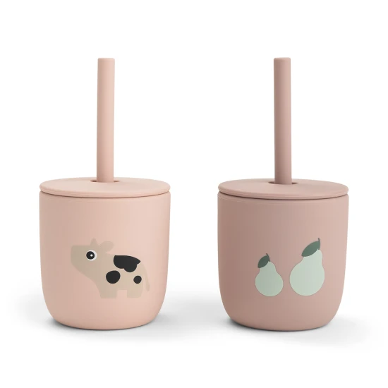 Done by Deer Silikon-Trinkbecher mit Strohhalm Tiny farm rosa – 2 Stk.