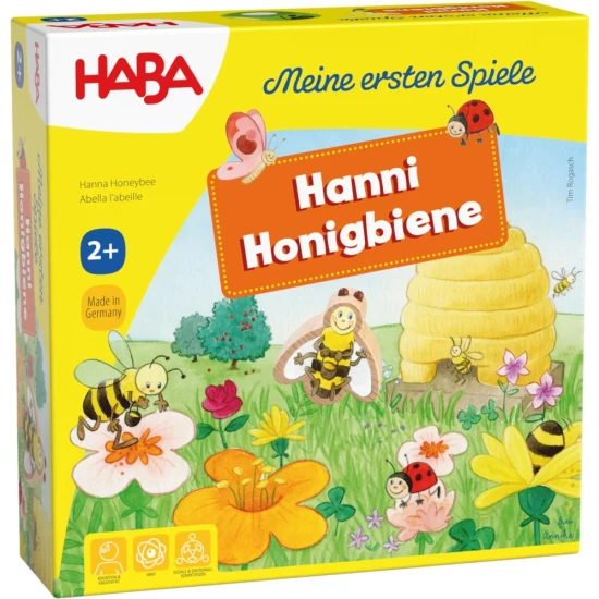 Kinder-Kooperationsspiel Bee Hanka mit einer Holzbiene und bunten Blumen.