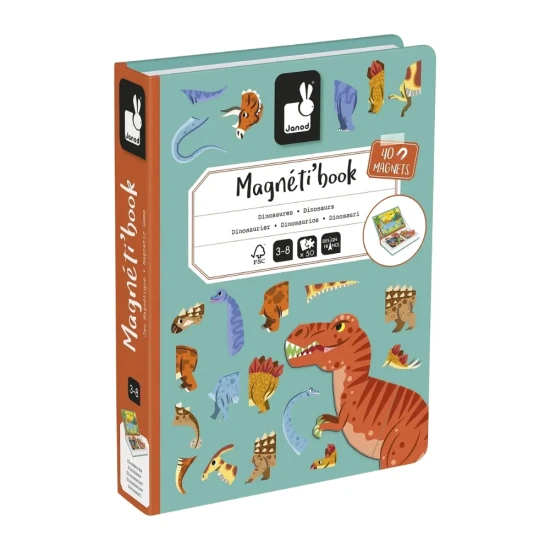 Magnetbuch mit einem Dinosaurier und bunten Magneten für Kinder.