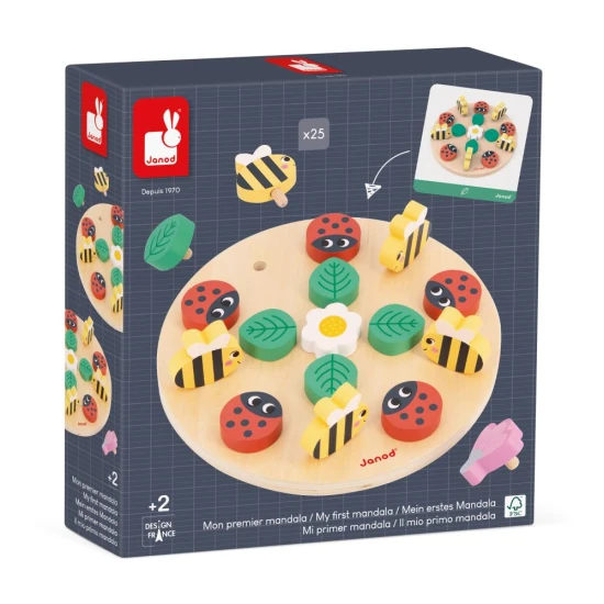 Spiel Mein erstes Mandala: Ein lehrreiches und kreatives Spiel für Kinder mit Gartenelementen zur Entwicklung von Konzentration und Motorik.