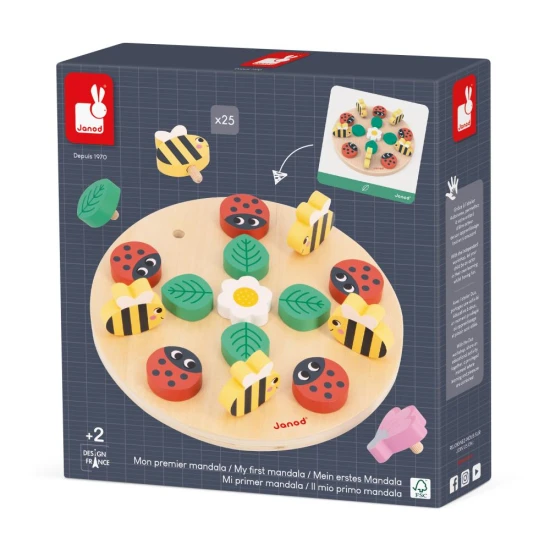 Spiel Mein erstes Mandala: Ein lehrreiches und kreatives Spiel für Kinder mit Gartenelementen zur Entwicklung von Konzentration und Motorik.