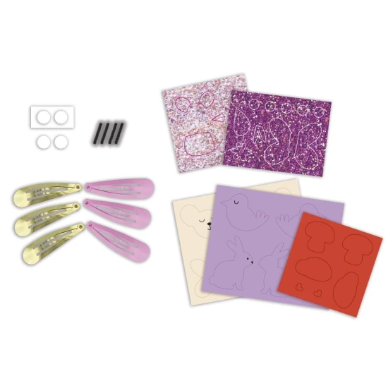 Set zum Basteln von floralen Haarspangen mit Gartenmotiven, ideal für Kinder.