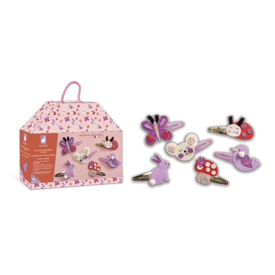 Set zum Basteln von floralen Haarspangen mit Gartenmotiven, ideal für Kinder.