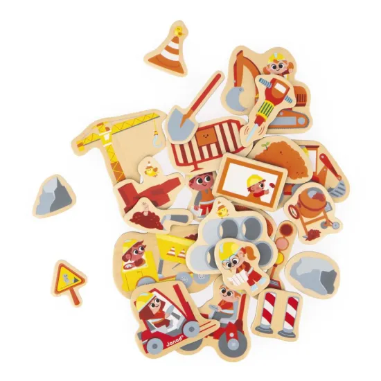 Holzmagnete Auf der Baustelle - Baumaschinen und Arbeiter