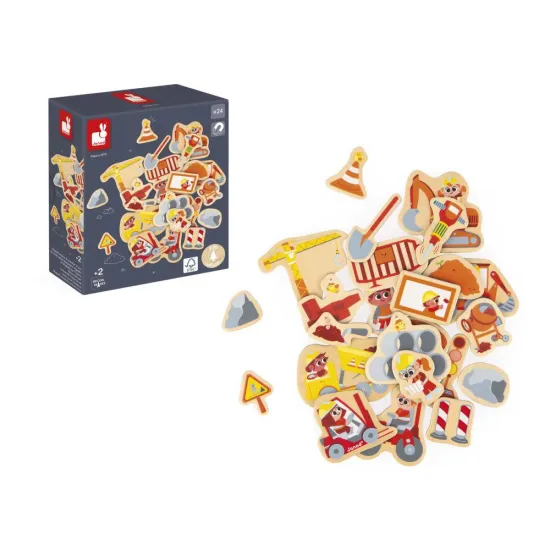 Holzmagnete Auf der Baustelle - Baumaschinen und Arbeiter