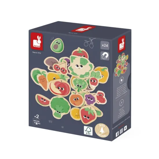 Holzmagnete Obst und Gemüse von Janod – ein Lernspielzeug für Kinder mit bunten Magneten in Form von Obst und Gemüse.