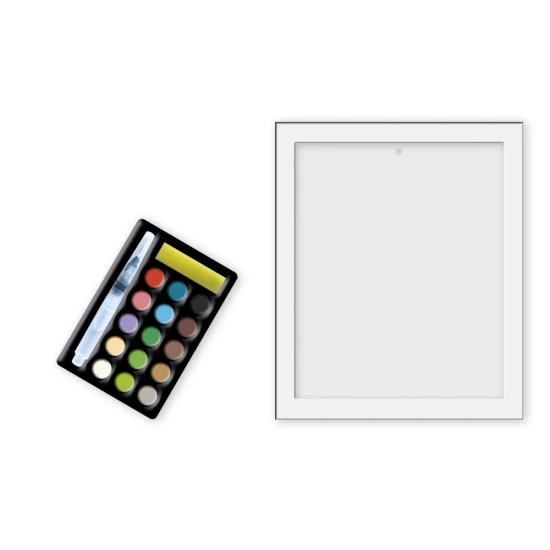 Dieses Kreativset enthält 2 hübsche Bilder, die Kinder ab 7 Jahren mit Wasserfarben verzieren können.