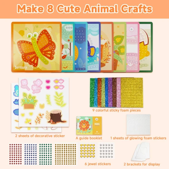 Jarmelo Mosaik – Tiere, 8 Karten, Schaummosaikstücke und Glitzersteine für kreatives Gestalten mit Kindern