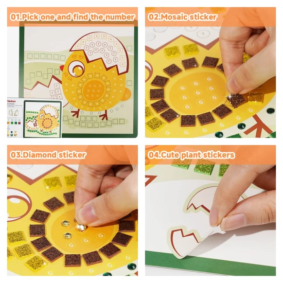 Jarmelo Mosaik – Tiere, 8 Karten, Schaummosaikstücke und Glitzersteine für kreatives Gestalten mit Kindern