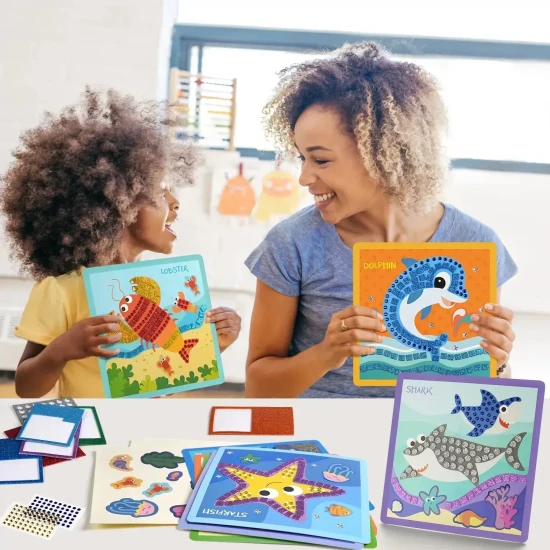 Jarmelo Mosaik – Meeresreise, 8 Karten, Schaummosaikstücke und Glitzersteine für kreatives Gestalten