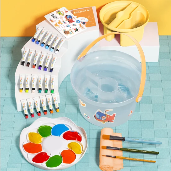 Jarmelo Eimer mit 24 Gouachefarben, drei Pinseln und einer Palette – Kreativset für Kinder