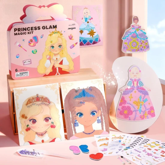Jarmelo 4-in-1 Prinzessinnen-Glamour-Set – Schminken, Ankleiden, Dekorieren mit Strasssteinen und Folien für Papierprinzessinnen
