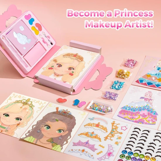 Jarmelo 4-in-1 Prinzessinnen-Glamour-Set – Schminken, Ankleiden, Dekorieren mit Strasssteinen und Folien für Papierprinzessinnen