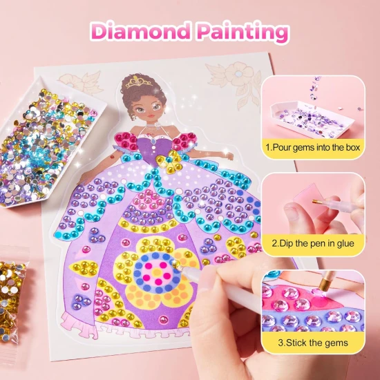 Jarmelo 4-in-1 Prinzessinnen-Glamour-Set – Schminken, Ankleiden, Dekorieren mit Strasssteinen und Folien für Papierprinzessinnen