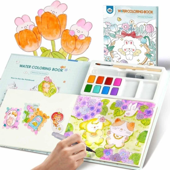 Jarmelo Aquarellmalerei – Pet Paradise, Buch mit 8 Farben, 2 Pinseln und Tier-Malvorlagen