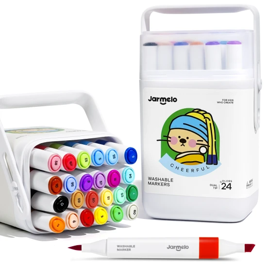 Jarmelo Doppelspitzenmarker in tragbarer Box – 24 Farben, Pinsel- und grobe Spitze, ungiftig und abwaschbar